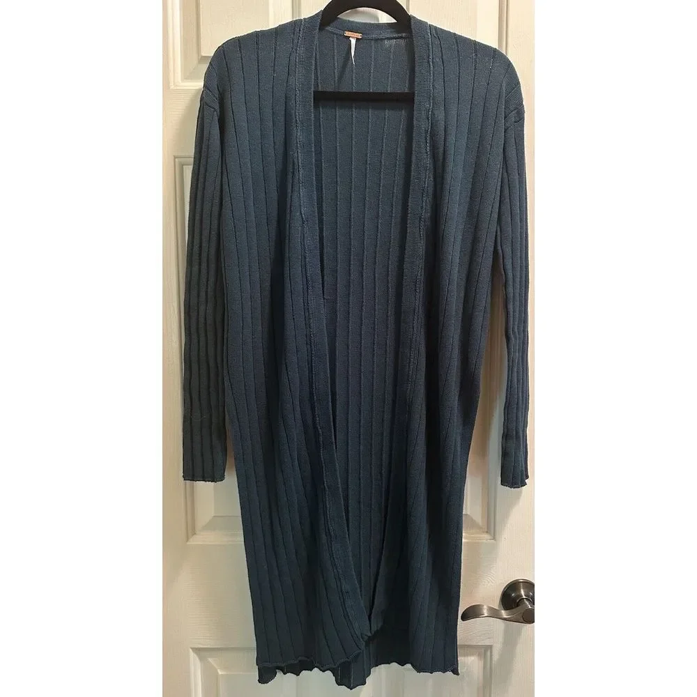 Free People Ribby-Rib Long Duster BOHO Teal Open Sweater Cardigan Sz M‎